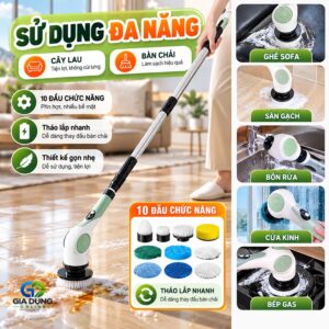 Cây lau sàn kiêm bàn chải vệ sinh nhà cửa đa năng đầu gập, chống nước, dùng pin sạc X90