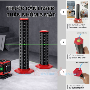 Thước đo độ nghiêng 6 mặt cho tia laser, thân nhôm, đỉnh có ống thủy, chân nam châm cho ốp lát gạch, khung trần, lắp đặt nội thất...
