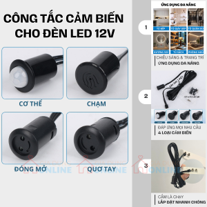 Công tắc cảm biến có dây dài 2 mét bật tắt đèn led 12V cho trang trí và chiếu sáng tủ bếp, tủ áo, tủ trưng bày, chân giường, trần nhà...