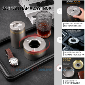 Gạt tàn nắp xoay cao cấp thép không gỉ sang trọng cho để bàn, xe ô tô... chống khói mùi