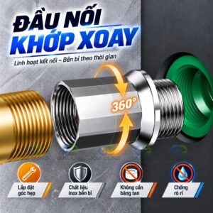 Đầu nối van vòi nước inox có khớp xoay 360° lắp đặt góc hẹp, điều chỉnh hướng